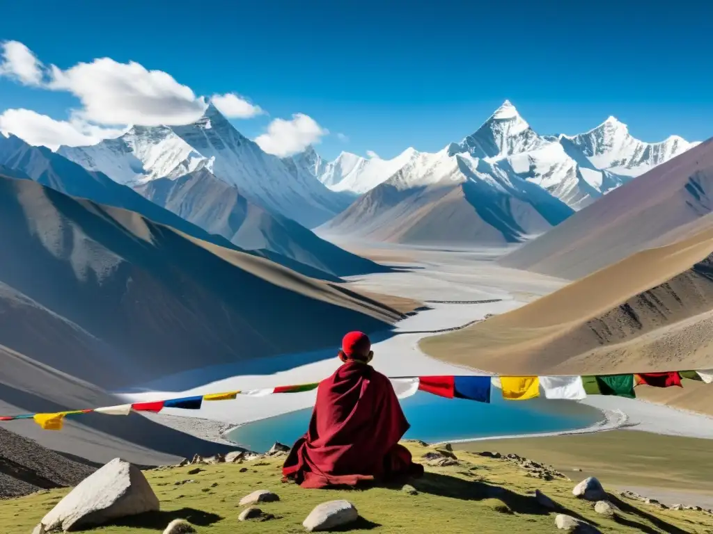 Enseñanza tibetana sobre realización: Paisaje montañoso sereno en el Himalaya tibetano con picos nevados y banderas de oración ondeando, mientras una figura medita en primer plano