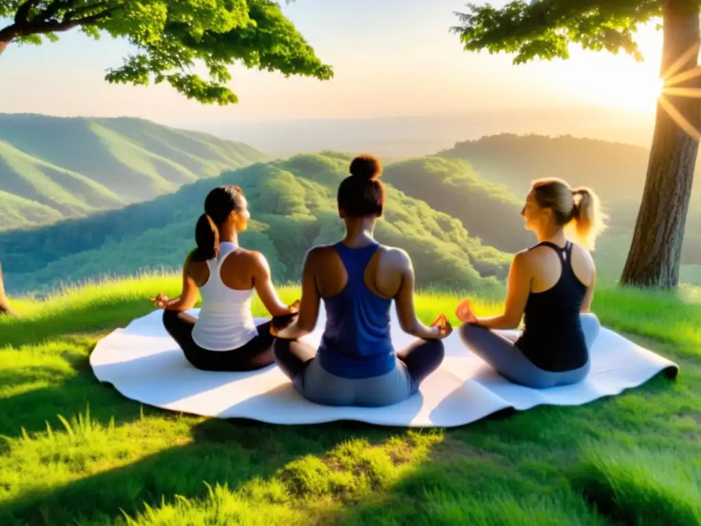 En un entorno natural, practicantes de yoga meditan al atardecer, desbloqueando su potencial artístico con yoga