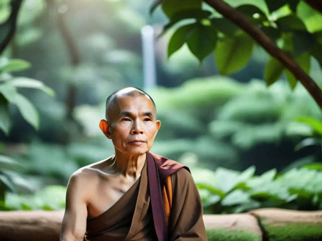 Thich Nhat Hanh medita en un entorno sereno y exuberante, irradiando sabiduría y paz interior