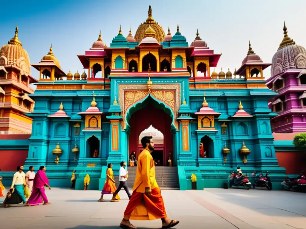 Entrada vibrante de templo hindú en la ciudad, con devotos en atuendos tradicionales, fusionando hinduismo en la diáspora