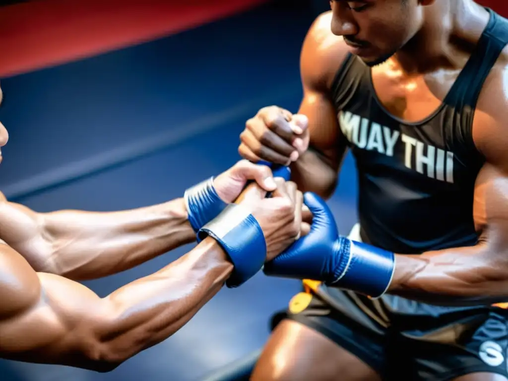 Un entrenador de Muay Thai envuelve con precisión las manos de un atleta, creando un ambiente de determinación en un gimnasio auténtico