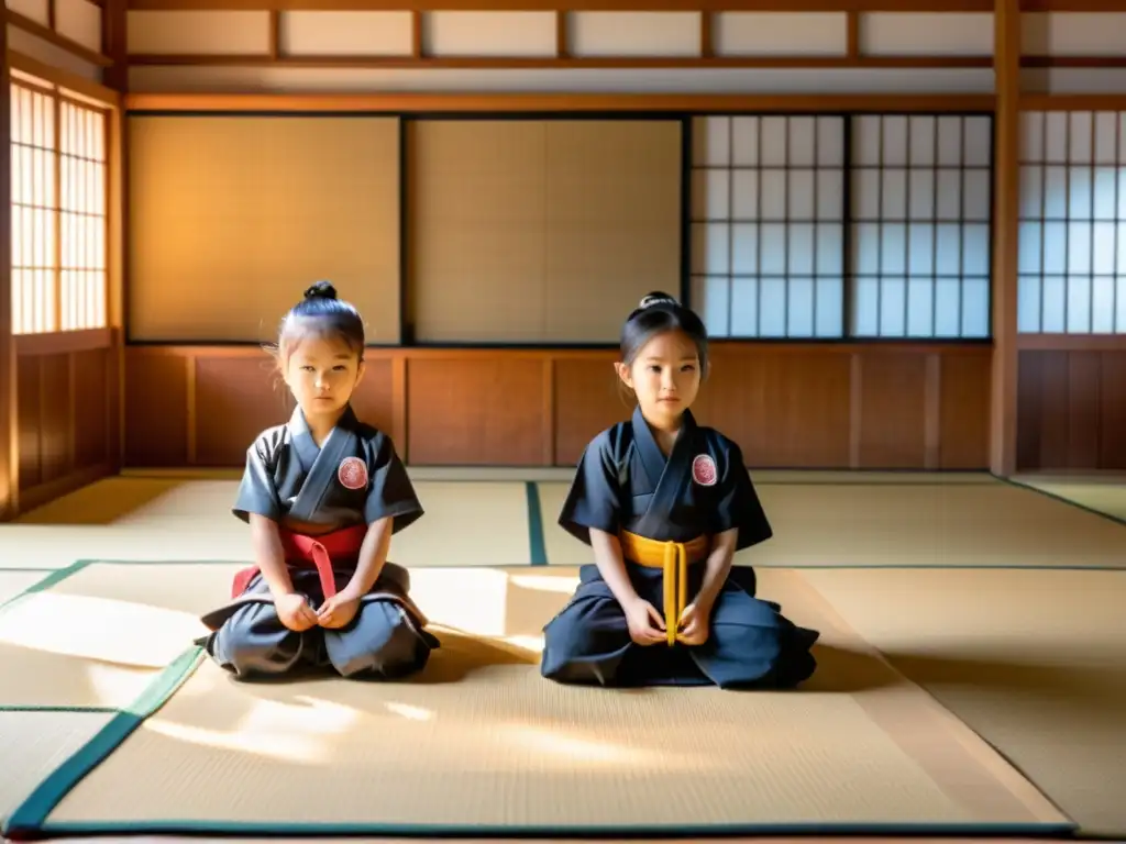 Entrenamiento de niños samurai en un dojo tradicional japonés, bajo la guía de un sabio sensei, con una atmósfera serena y educativa