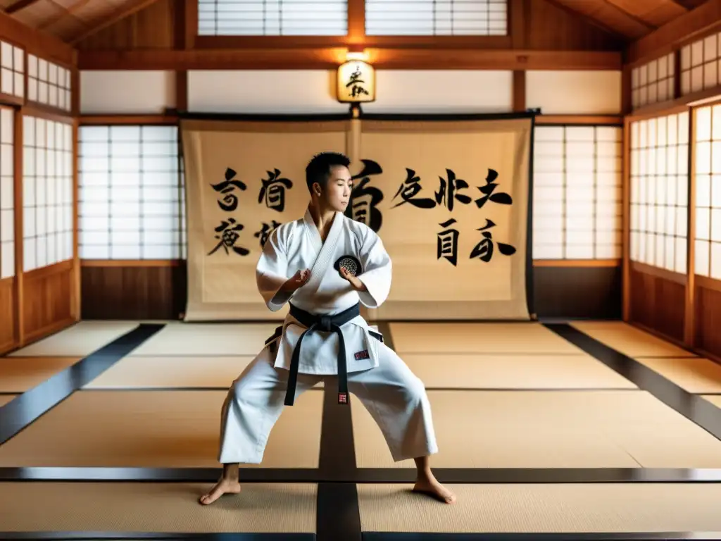 Entrenamiento de karate en dojo tradicional con sensei demostrando kata