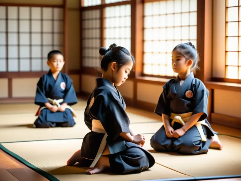 Entrenamiento de niños samurai en un dojo tradicional, practicando técnicas con sus sensei, bajo la cálida luz del sol