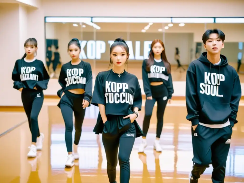 Entrenamiento intenso de KPop en estudio de baile, reflejos en el piso pulido, caras determinadas, coreografía sincronizada