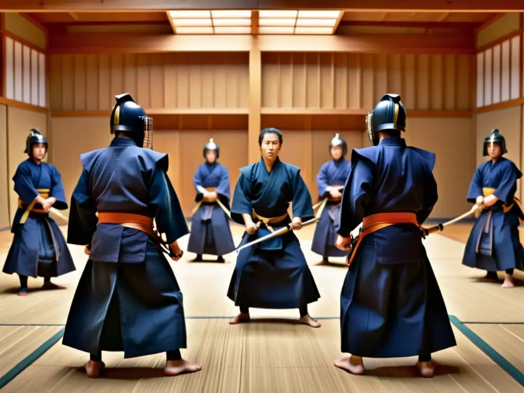 Entrenamiento intenso de kendo en un dojo tradicional, reflejando la ética y estética del Kendo con precisión y disciplina