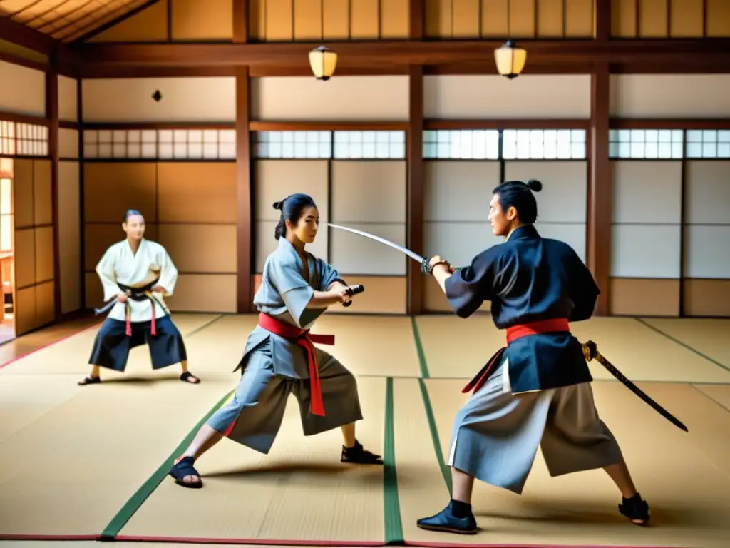 Entrenamiento intenso de samuráis en un dojo japonés, capturando la disciplina y el espíritu del Código Bushido en la era samurái de Japón