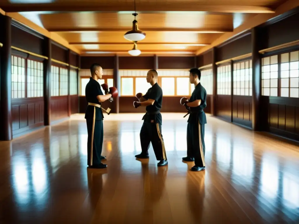 'Un entrenamiento intenso en el tradicional salón de Wing Chun, con practicantes concentrados y equipos de entrenamiento