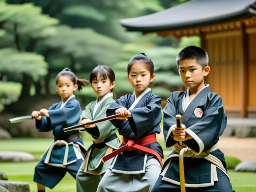 Entrenamiento de niños samurai en un jardín japonés, practicando artes marciales bajo la guía de su sensei, mostrando disciplina y dedicación