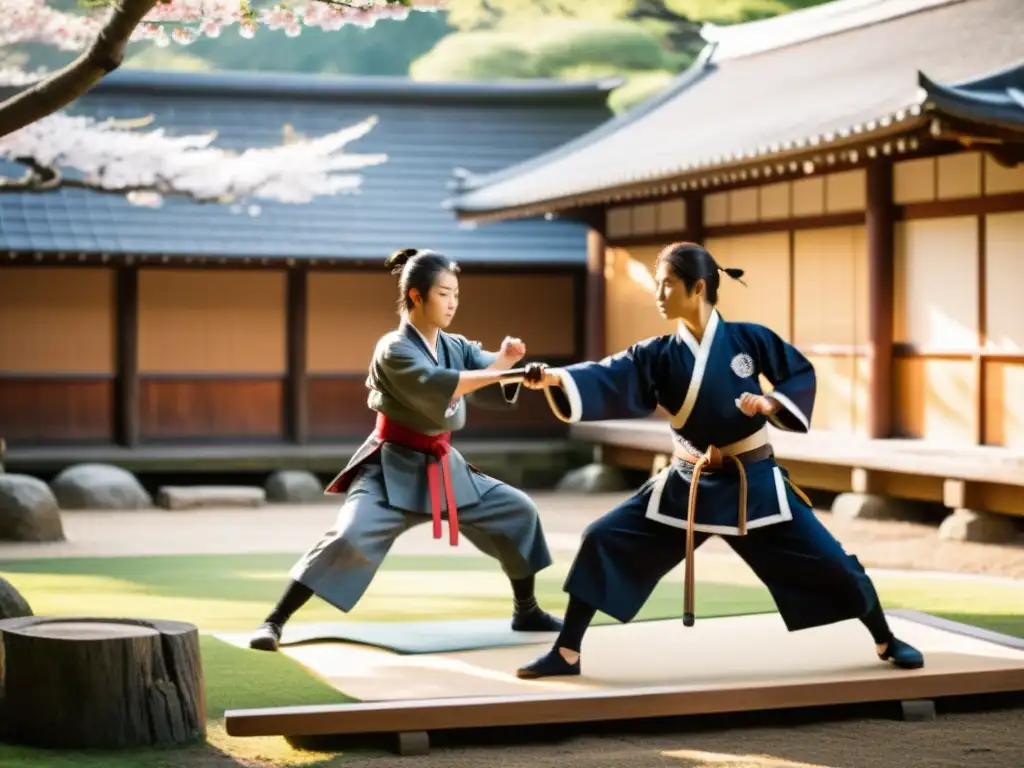 Entrenamiento de niños samurai en un jardín japonés, bajo la guía de un maestro, practicando disciplina y honor