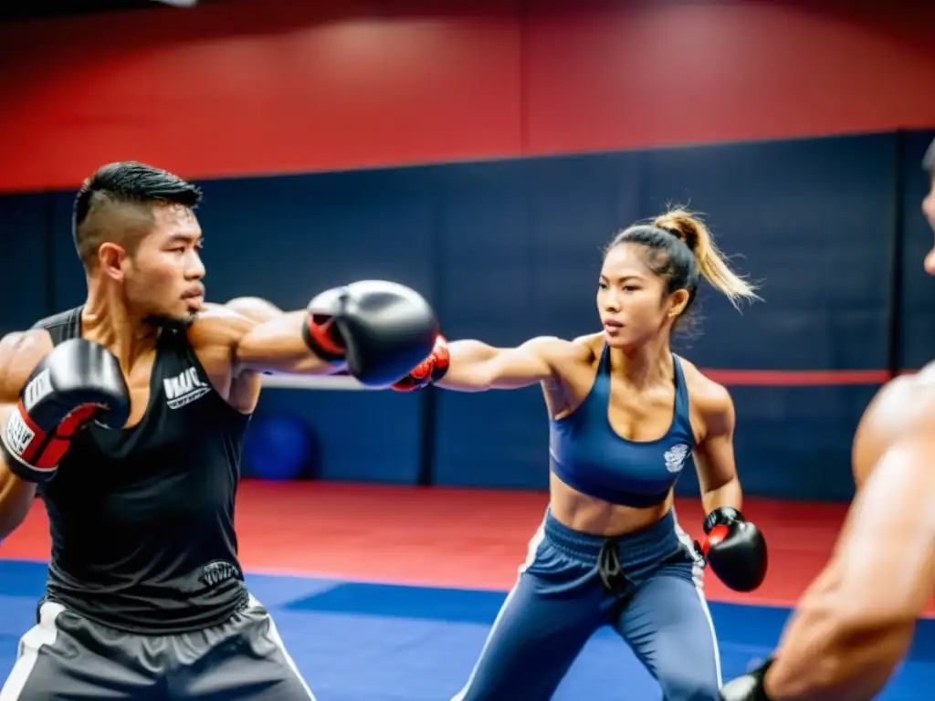 Entrenamiento de Muay Thai para fitness en un gimnasio con instructor y participantes enfocados y determinados