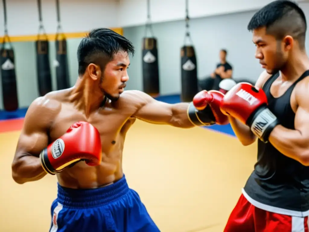 Entrenamiento de Muay Thai para fitness: Instructores y estudiantes practican técnicas precisas en un gimnasio espacioso y motivador