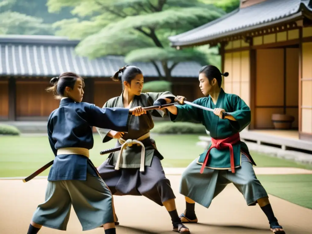 Entrenamiento de niños samurai en un tranquilo patio soleado, practicando técnicas de artes marciales bajo la atenta mirada de su sensei