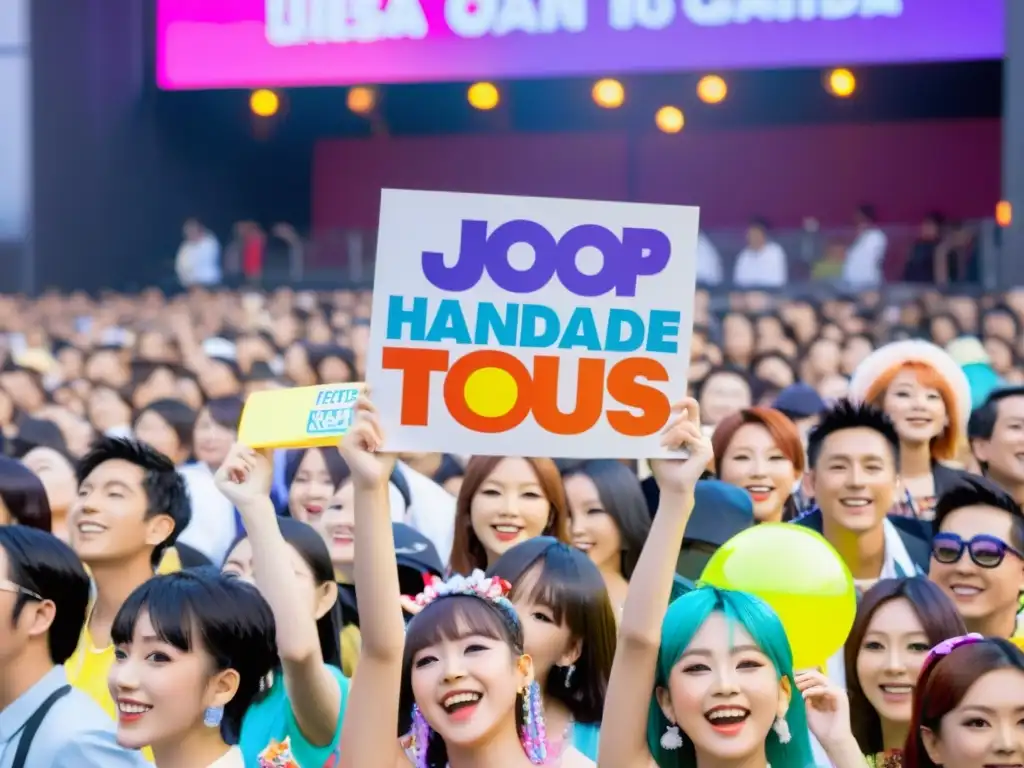 Entusiastas fans del JPop con coloridos carteles en concierto en Tokio, creando un ambiente vibrante y energético