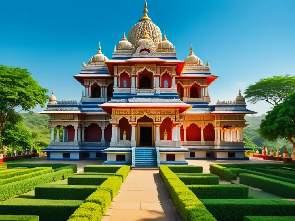 Explorando la épica del arte oriental jainista: templo con intrincadas esculturas, colores vibrantes, devotos en oración y exuberante naturaleza