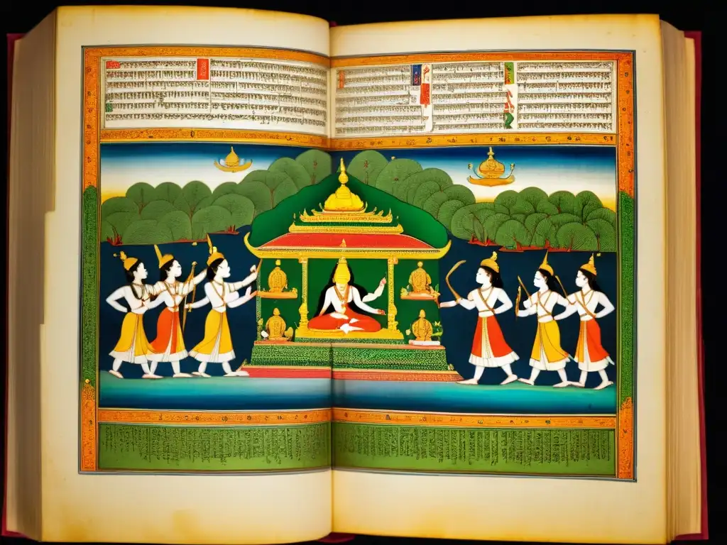 Explorando la Épica del Jainismo: arte oriental detallado en manuscrito iluminado en suave luz natural