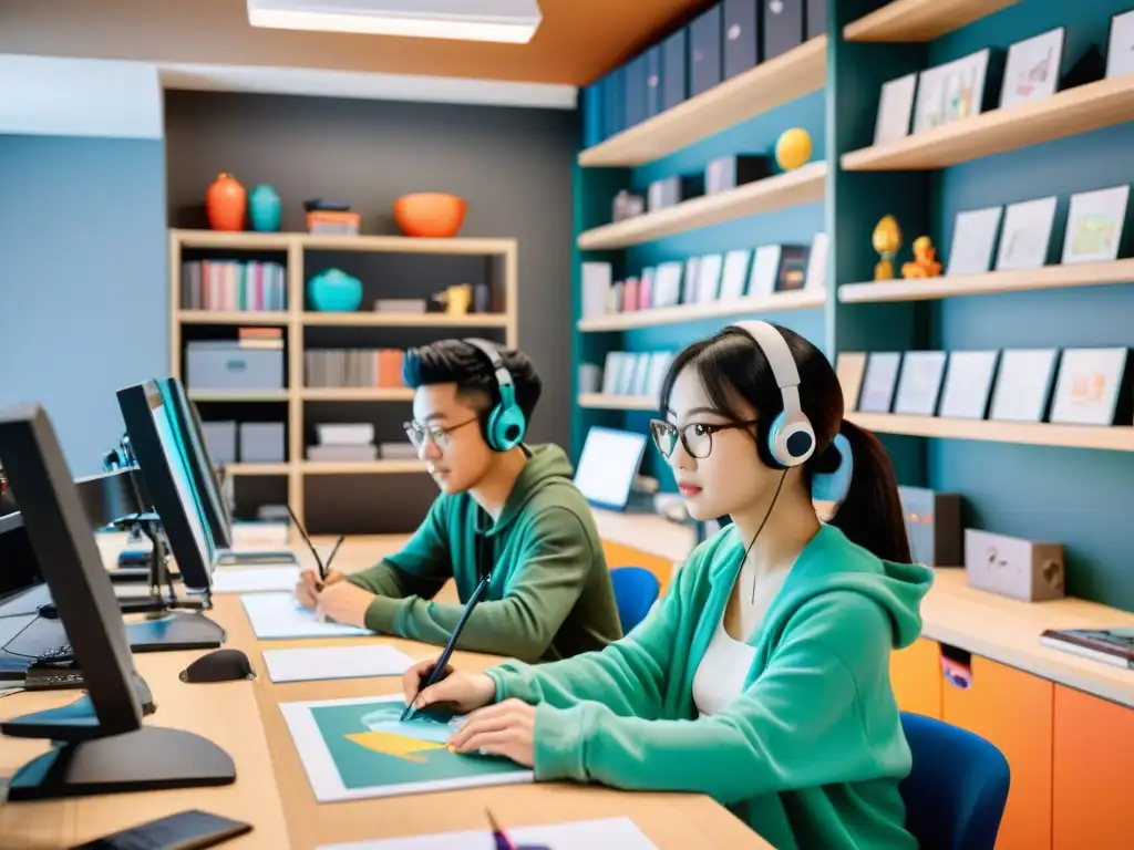 Equipo de animadores creando arte de anime en estudio moderno Un equipo de animadores trabaja con dedicación en sus tabletas en un estudio de animación moderno y luminoso, creando escenas detalladas de anime