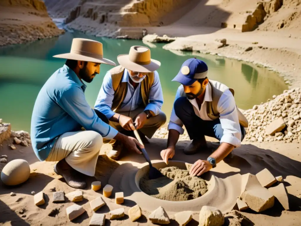 Equipo de arqueólogos excavando artefactos antiguos en el Valle del Indo, evocando la importancia de la astrología asiática influencias Valle Indo