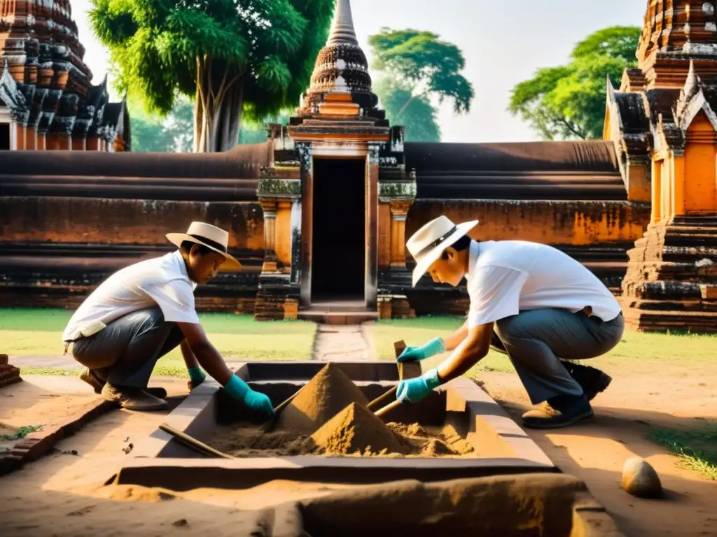 Equipo de arqueólogos excavando artefactos antiguos en Ayutthaya, con tradición y poder en cada detalle