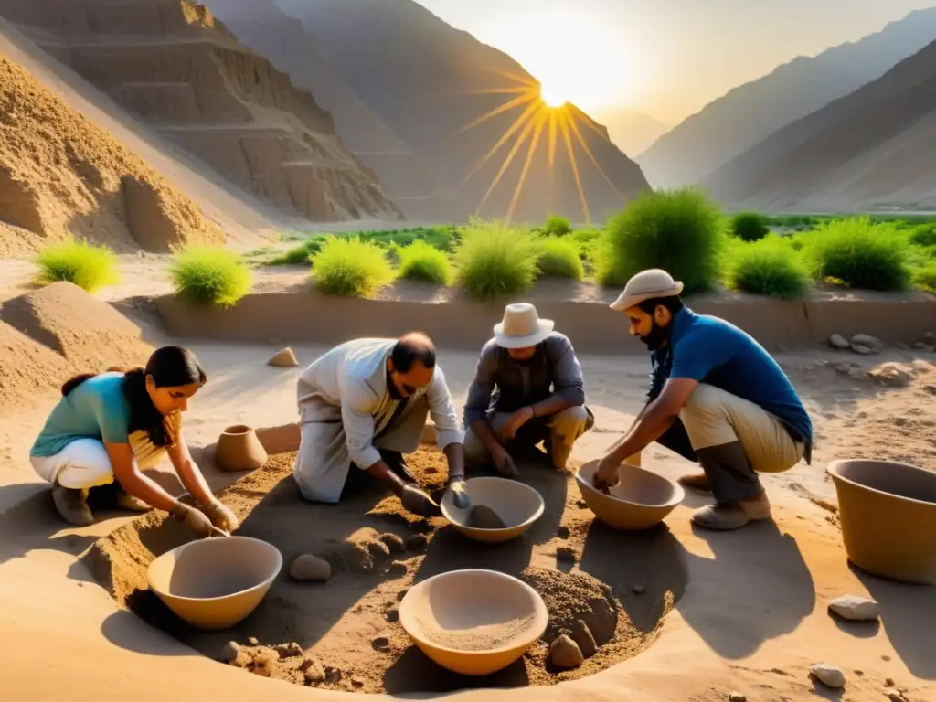 Equipo de arqueólogos excavando artefactos en el Valle del Indo al atardecer, destacando la precisión y el descubrimiento de la civilización