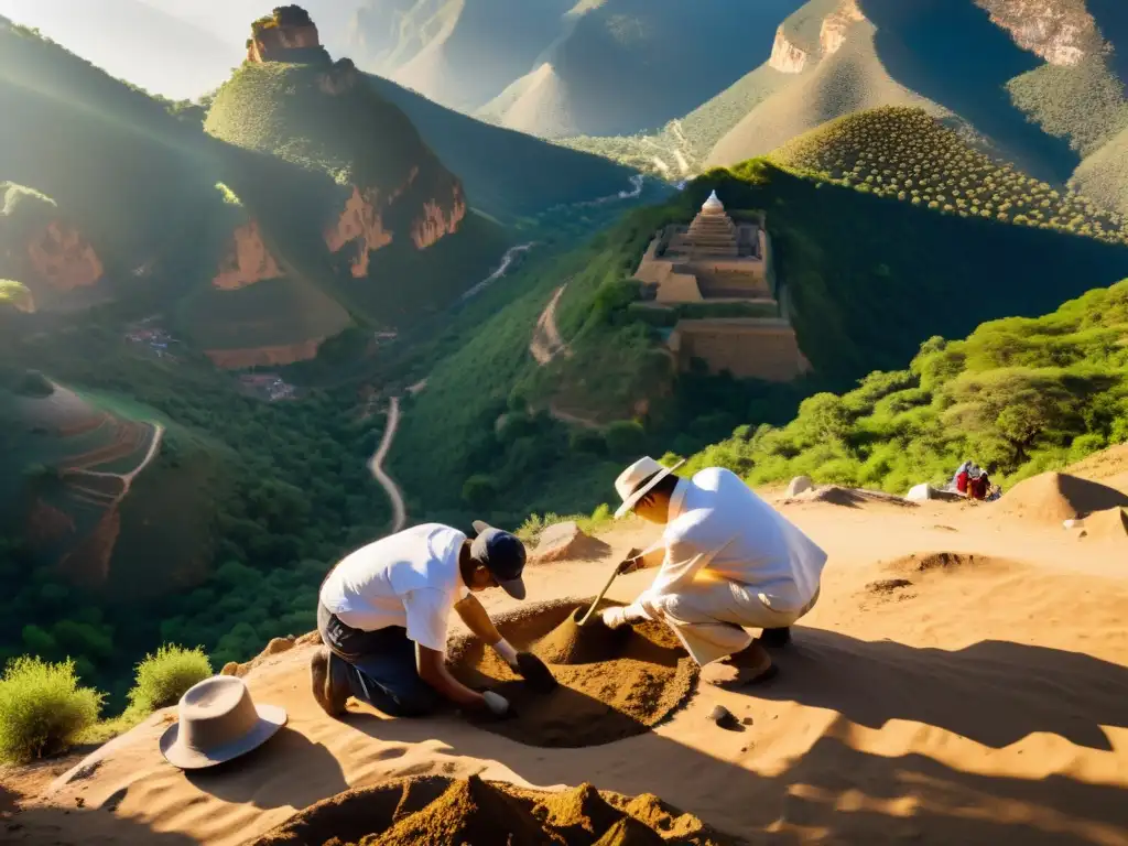 Equipo de arqueólogos desenterrando descubrimientos arqueológicos del Budismo en un sitio montañoso, con precisión y dedicación experta bajo el cálido sol