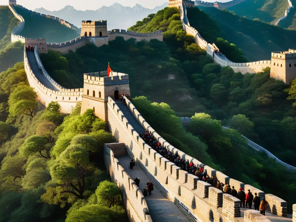 Equipo de arqueólogos excavando la Gran Muralla China al atardecer, resaltando la búsqueda tesoros perdidos dinastía Ming