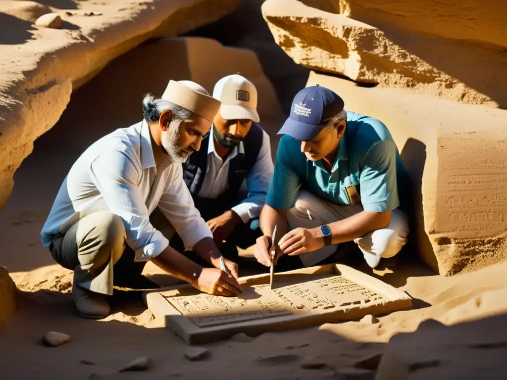 Equipo de arqueólogos descifrando inscripciones en antigua escritura indescifrable Valle Indo, bañados por cálida luz dorada