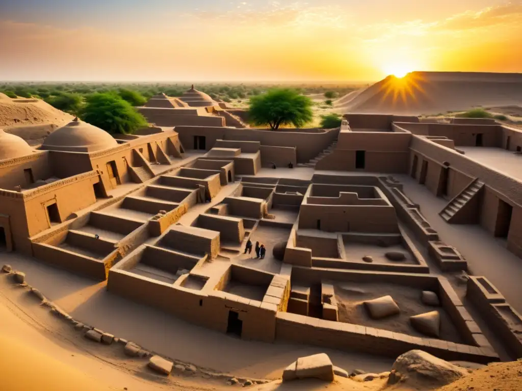 Equipo de arqueólogos excavando ruinas del Valle Indo al atardecer, evocando misterio e historia