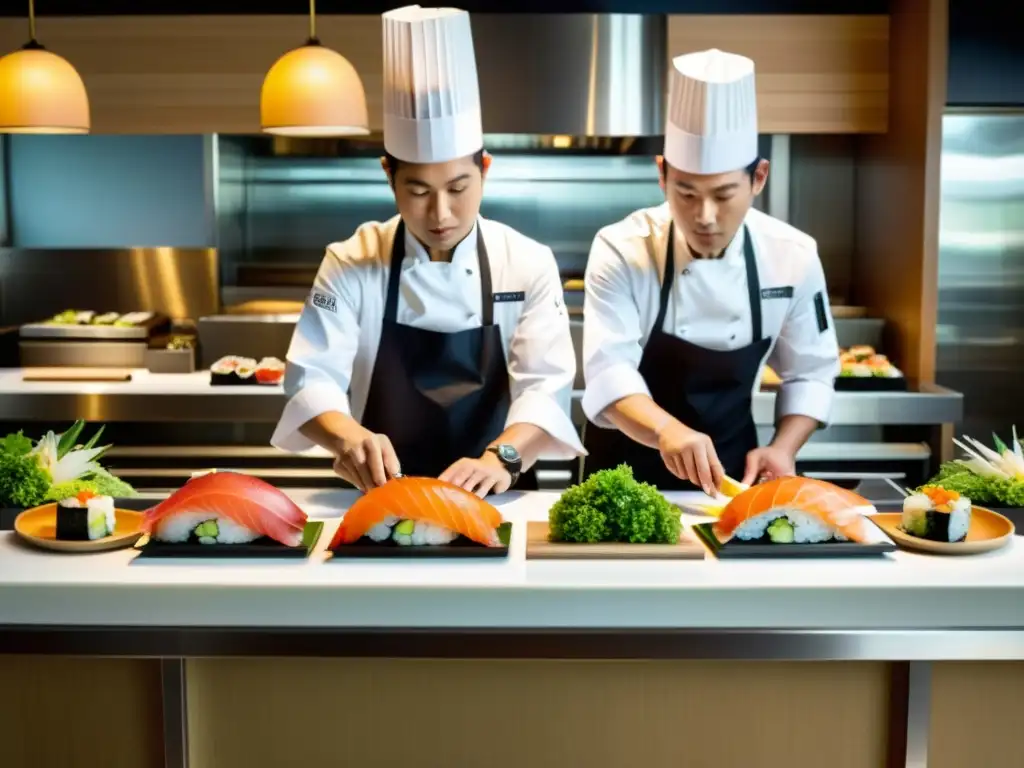 Un equipo de chefs expertos preparando meticulosamente rolls de sushi en un restaurante japonés moderno