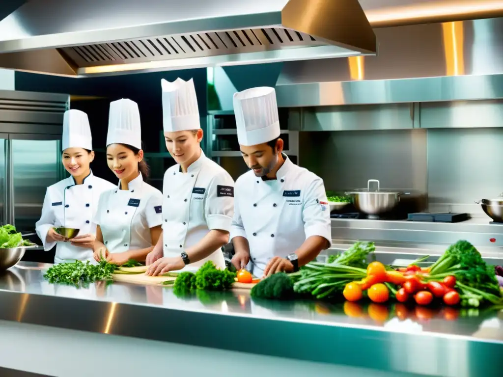 Equipo de chefs preparando platos en cocina de lujo para curso exclusivo cocina vegetariana asiática