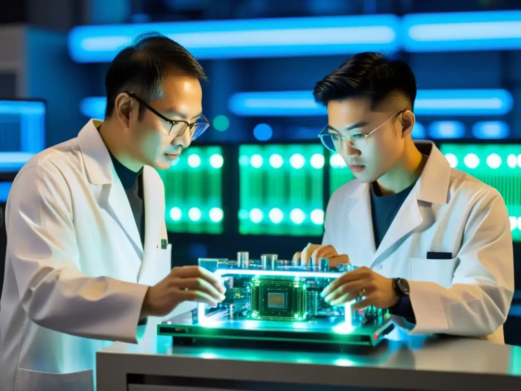 Equipo de científicos en laboratorio asiático de vanguardia ajustando un ordenador cuántico, rodeados de luces futuristas