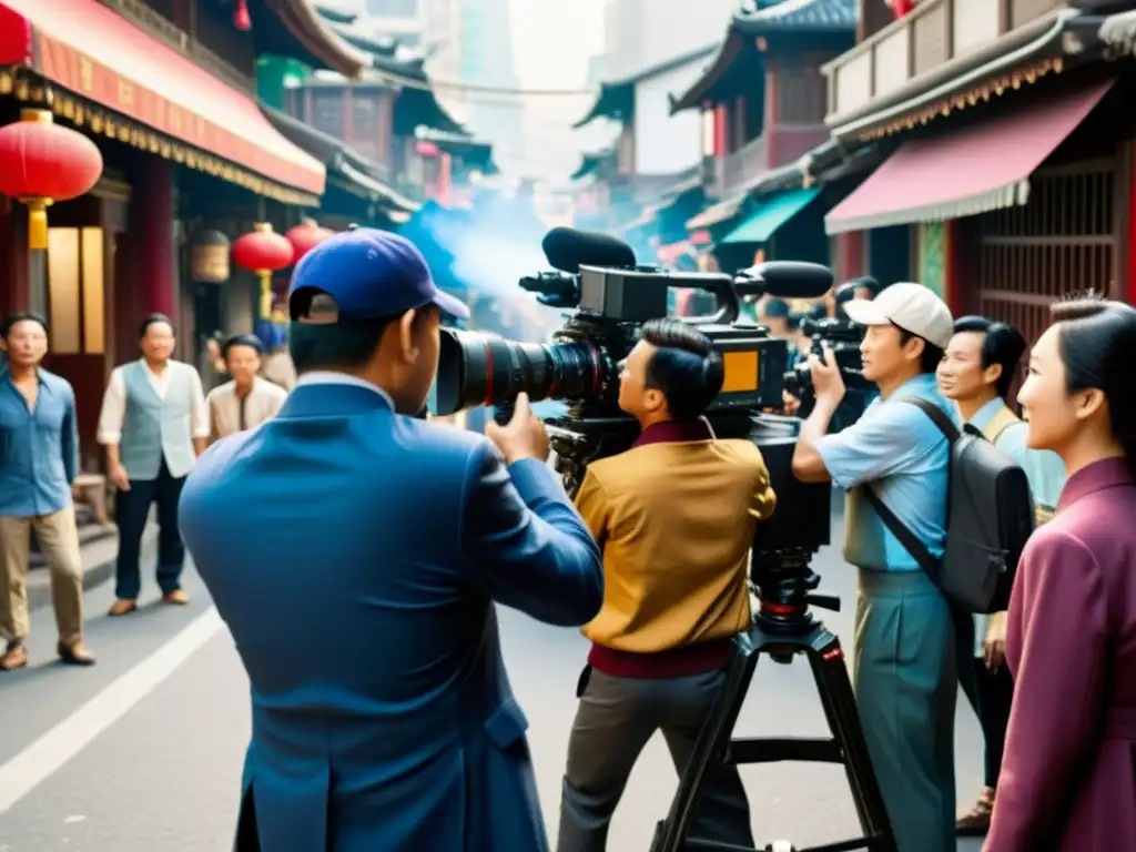 Un equipo de filmación se prepara en una concurrida calle de una ciudad asiática, reflejando la energía caótica de un set de filmación