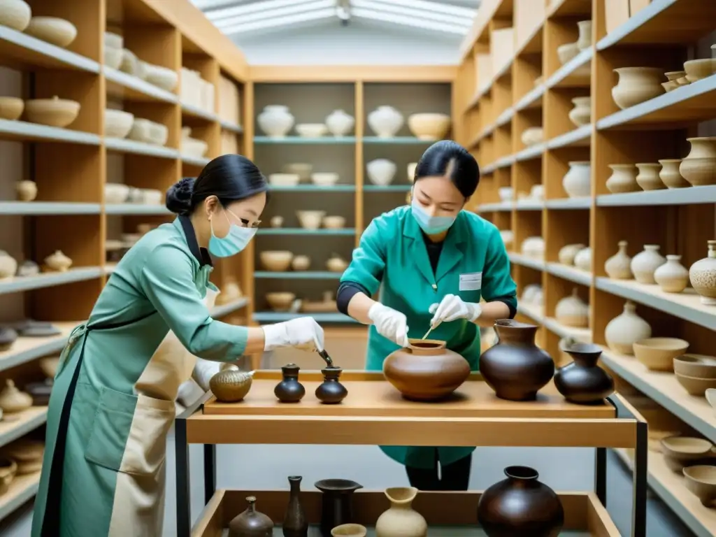 Equipo de conservadores restaurando arte asiático en museo con meticulosidad y pasión