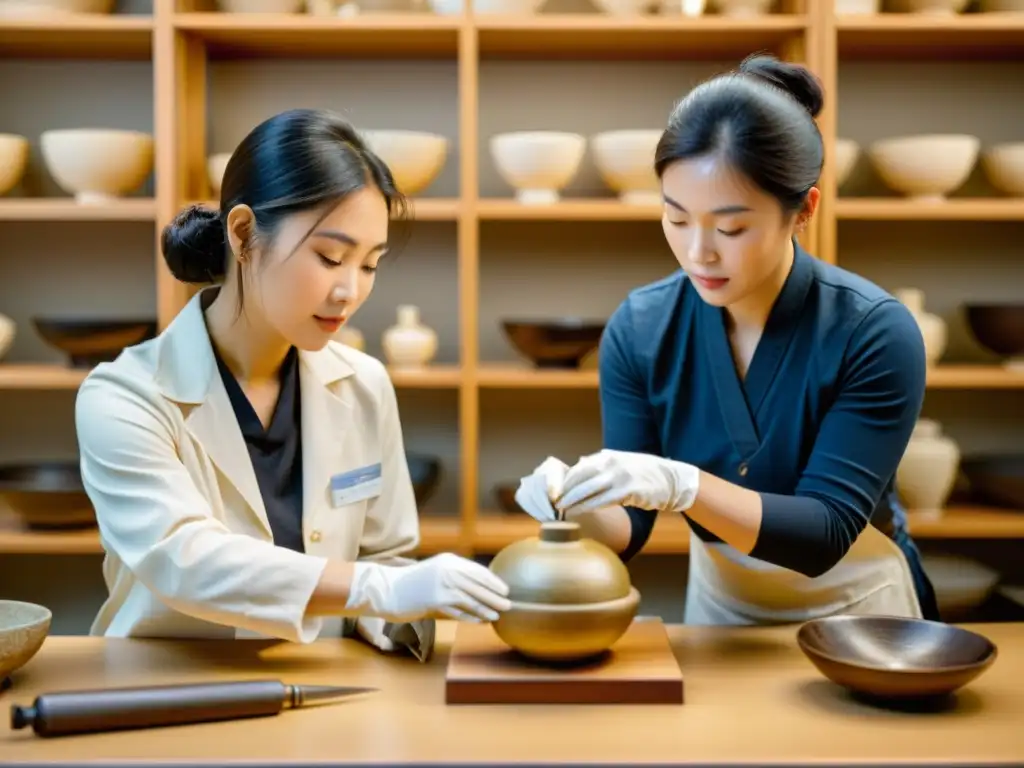 Equipo de conservadores restaurando delicado artefacto asiático en museo, con iluminación suave y reliquias en estantes