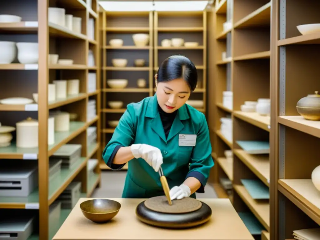 Equipo de conservadores de museo restaurando con cuidado un antiguo artefacto asiático, rodeados de documentos y artefactos históricos