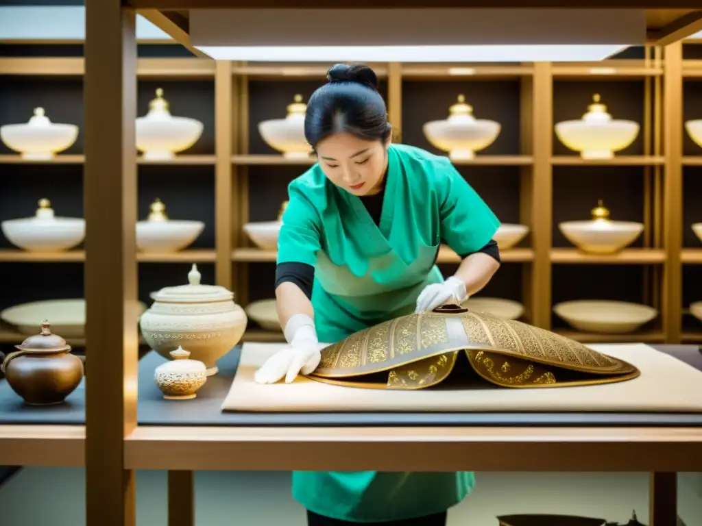 Un equipo de conservadores de museo restaura con delicadeza un antiguo artefacto asiático, mostrando profesionalismo y dedicación a la conservación cultura asiática museos