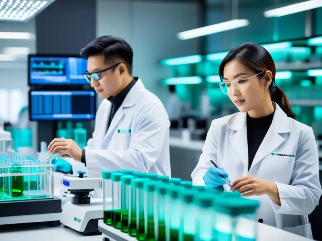 Equipo diverso en un laboratorio de biotecnología en Asia, trabajando con avanzada tecnología en un ambiente futurista y dinámico