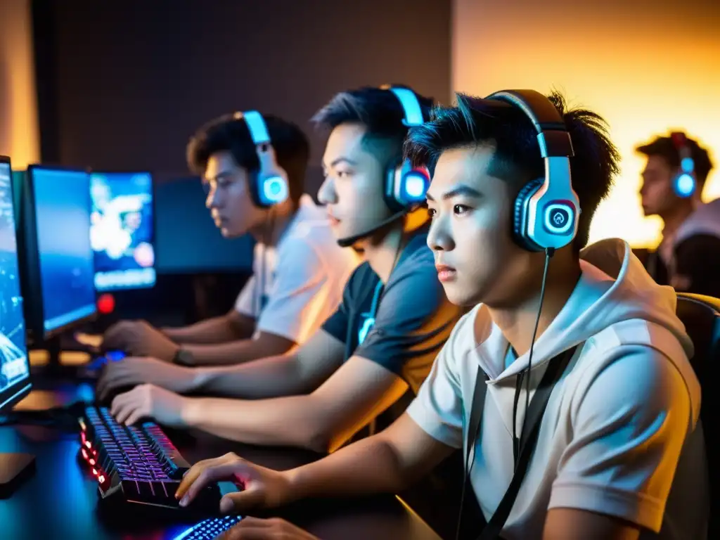 Un equipo de gamers asiáticos en eSports, concentrados en sus ordenadores en una habitación oscura