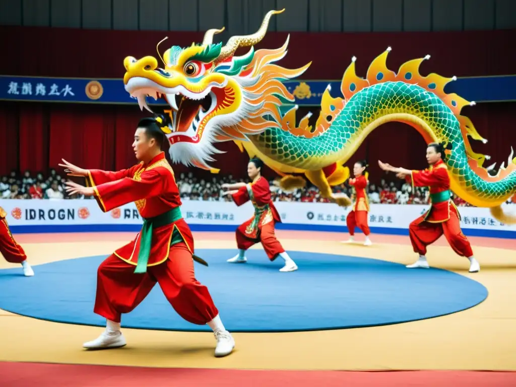 Equipo de Wushu realiza la impresionante Danza del Dragón en competencia internacional, cautivando con su destreza y arte