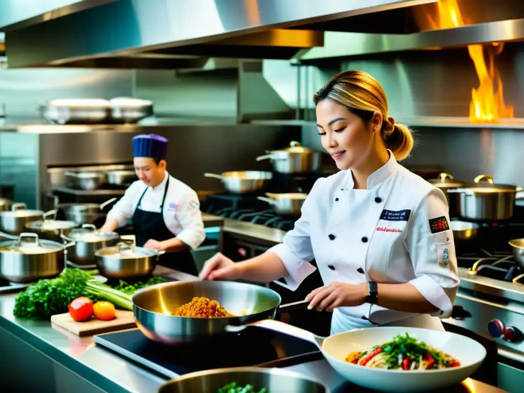 Christina Bowerman y su equipo multicultural de chefs en su cocina, fusionando técnicas culinarias asiáticas y occidentales con pasión y creatividad