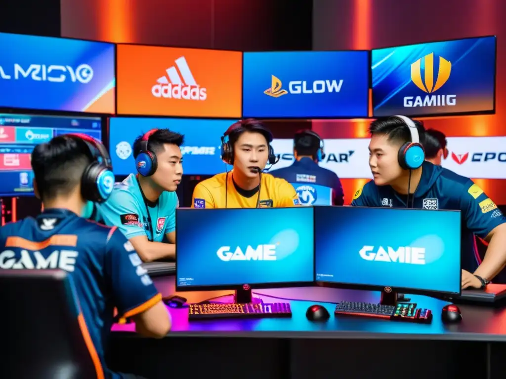 Equipo de eSports asiático concentrado en el juego Equipo profesional de eSports de Asia concentradamente en competencia, rodeados de tecnología, banners y gráficos vibrantes