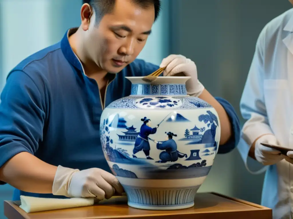 Equipo de restauradores limpiando delicadamente un antiguo jarrón chino de porcelana, revelando sus intrincados patrones azules y blancos