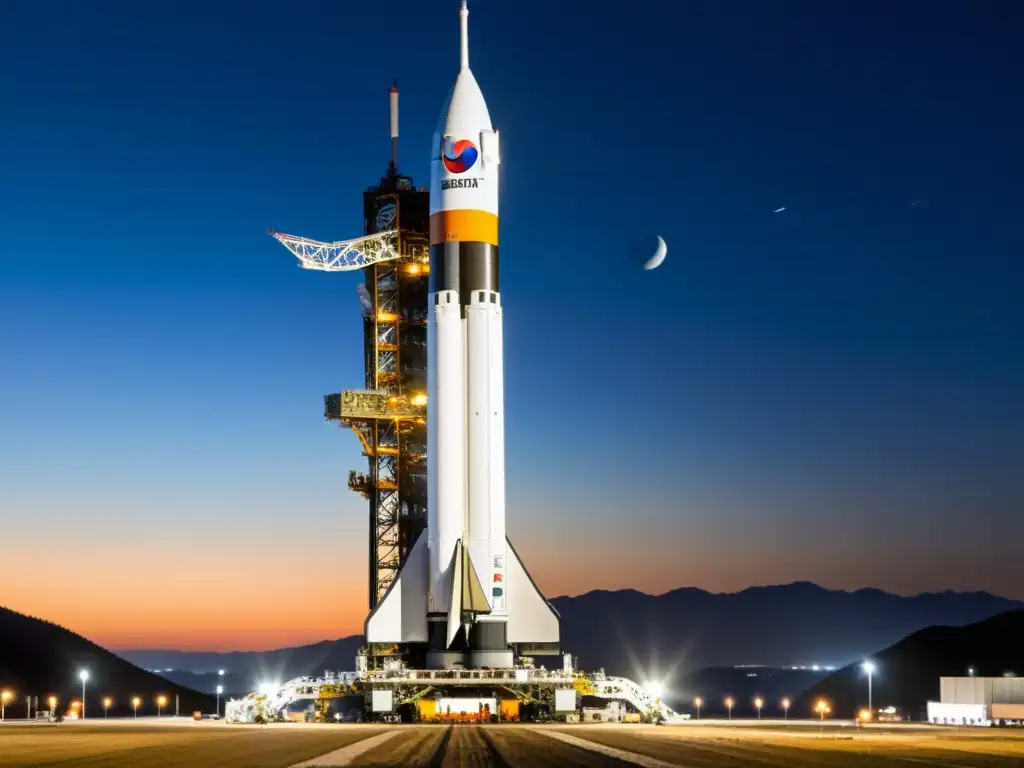 Equipo técnico preparando lanzamiento del cohete espacial surcoreano en la noche estrellada