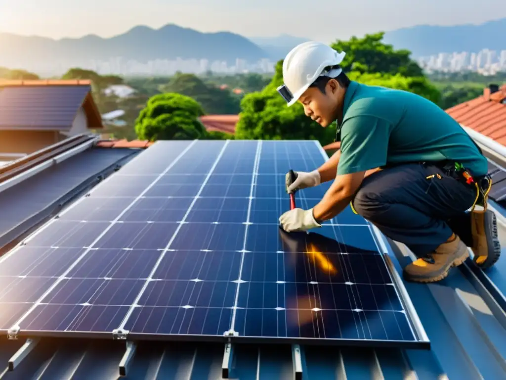 Un equipo de técnicos instala paneles solares asiáticos de última generación en un techo residencial, demostrando precisión y eficiencia