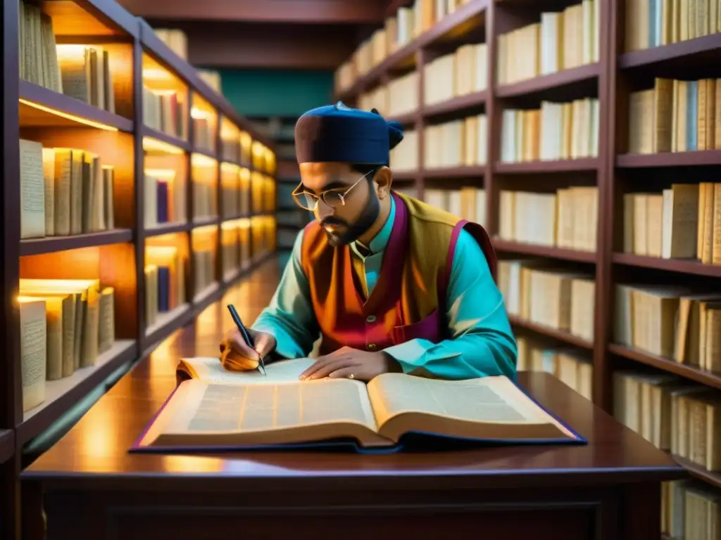 Un erudito examina un antiguo manuscrito sánscrito en una biblioteca tenue, reflejando la influencia de los textos sagrados de la India