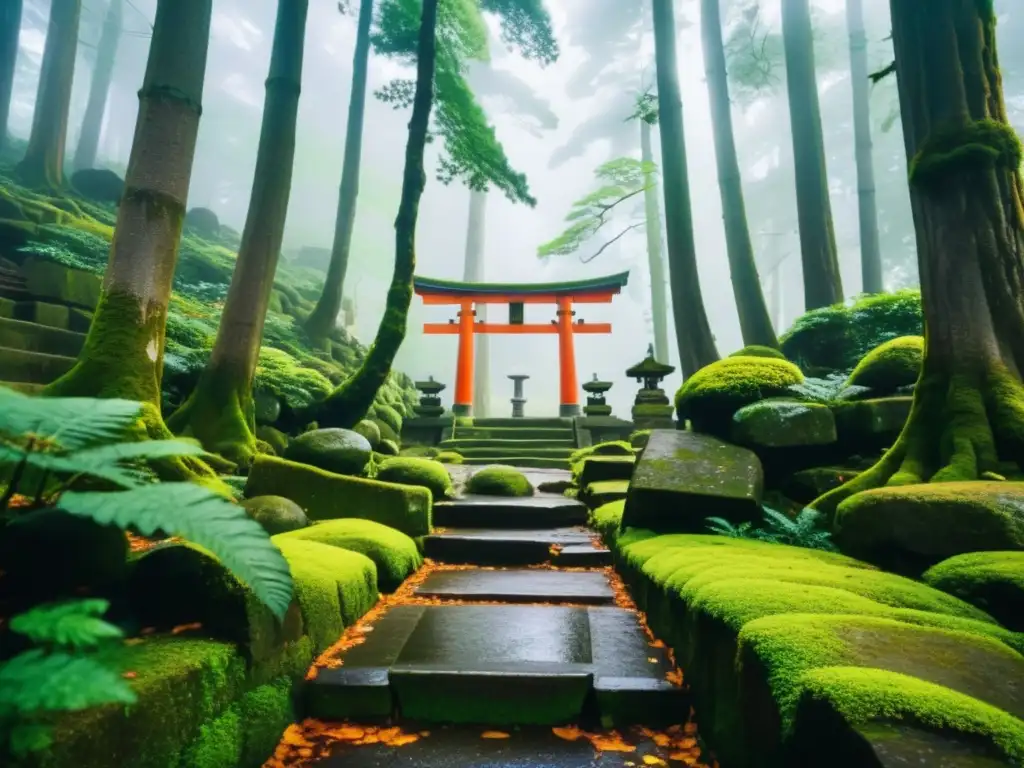 Una escalera de piedra cubierta de musgo conduce a un antiguo templo Shinto en un bosque místico