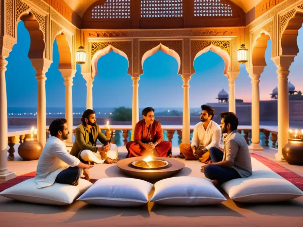 Escena de poesía clásica india y amor en un patio tradicional, músicos y poetas crean una atmósfera etérea con sus actuaciones y versos