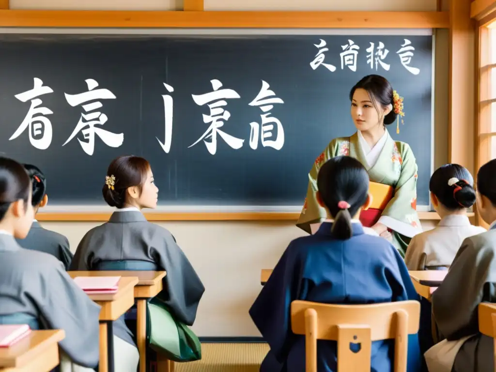 Escena animada de aula japonesa, con estudiantes atentos y maestro escribiendo kanji en pizarra