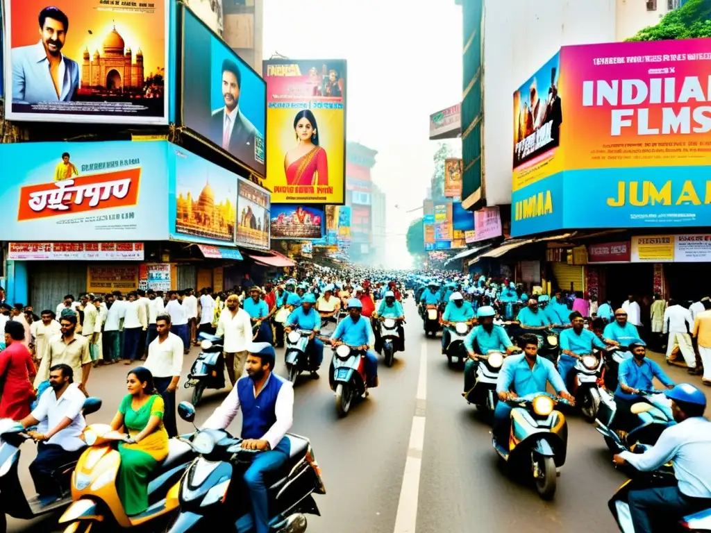 Escena animada en una bulliciosa calle de Mumbai, India, llena de vistosos carteles de películas indias
