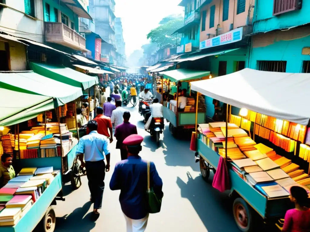 Escena animada en un bullicioso mercado de libros en Kolkata, India, con lectores entusiastas y autores participando en discusiones vivaces